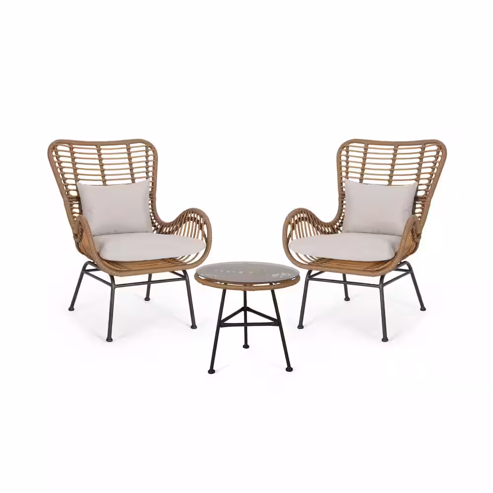 Noble House Acuna Light Brown 3-Piece Metal Patio Conversation Seating Set with Beige Cushions