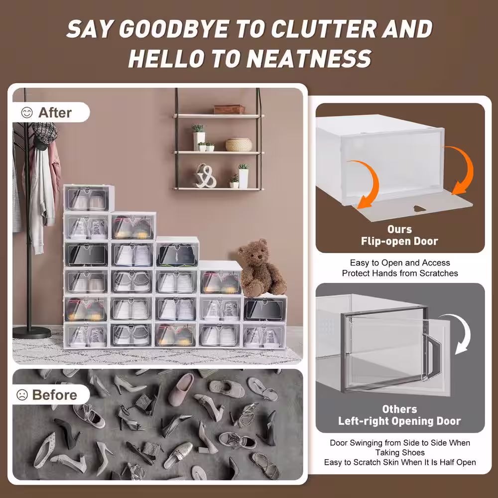 None 20-Pair White Plastic Stackable Drop Front Shoe Boxes with Lid