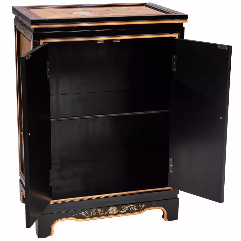 Oriental Furniture 34.25 in. H x 24 in. W 8-Pair Gold Lacquered Wood Birds and Flowers Shoe Storage Cabinet