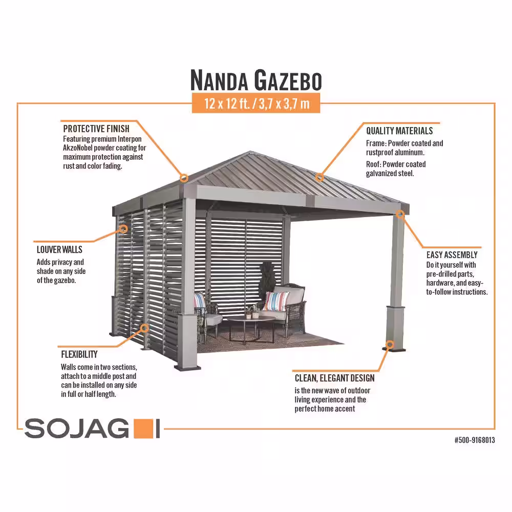 None Nanda 12 ft. x 12 ft. Champagne Rustproof Aluminum Framed Gazebo With Two Louvered Walls