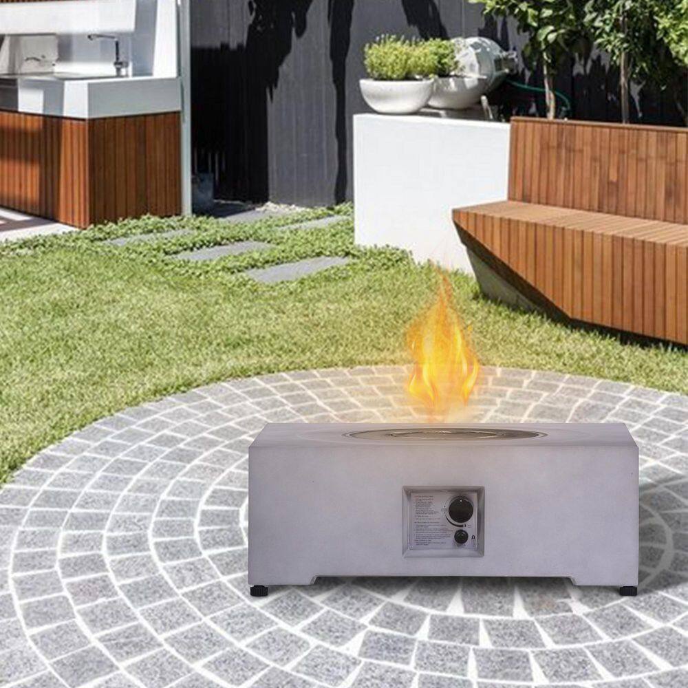 None Gray Stone Fire Pit Table with Water Proof Cover and Lava Rock For Outdoor Garden Backyard