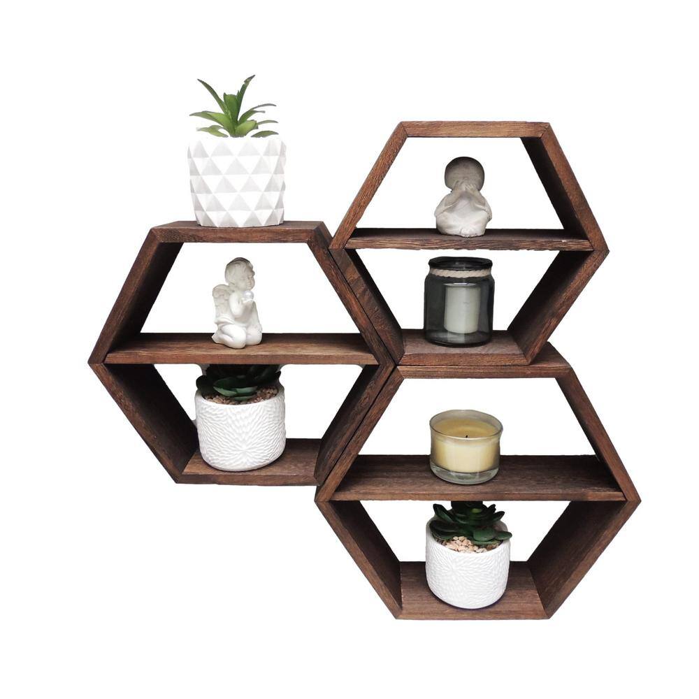 None 22 in. x 22 in. x 4 in. Wood Rustic Wall Mounted Hexagonal Floating Shelves (Set of 3)