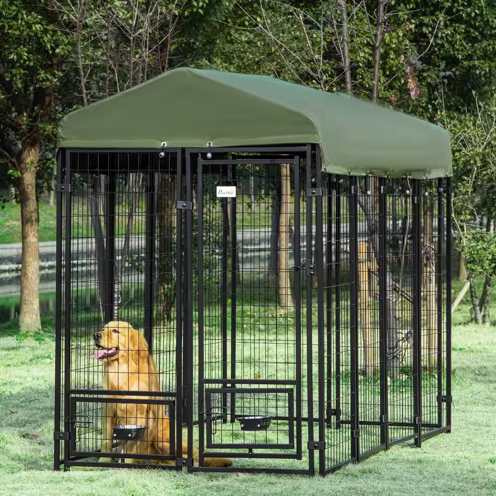 PawHut 0.0007-Acre Black Steel In-Ground Dog Fence Dog Kennel with Canopy, Rotating Bowl Holders