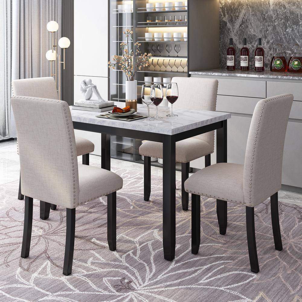 Harper & Bright Designs Faux Marble White 5-Piece Dining Set with Thick Cushion Chairs
