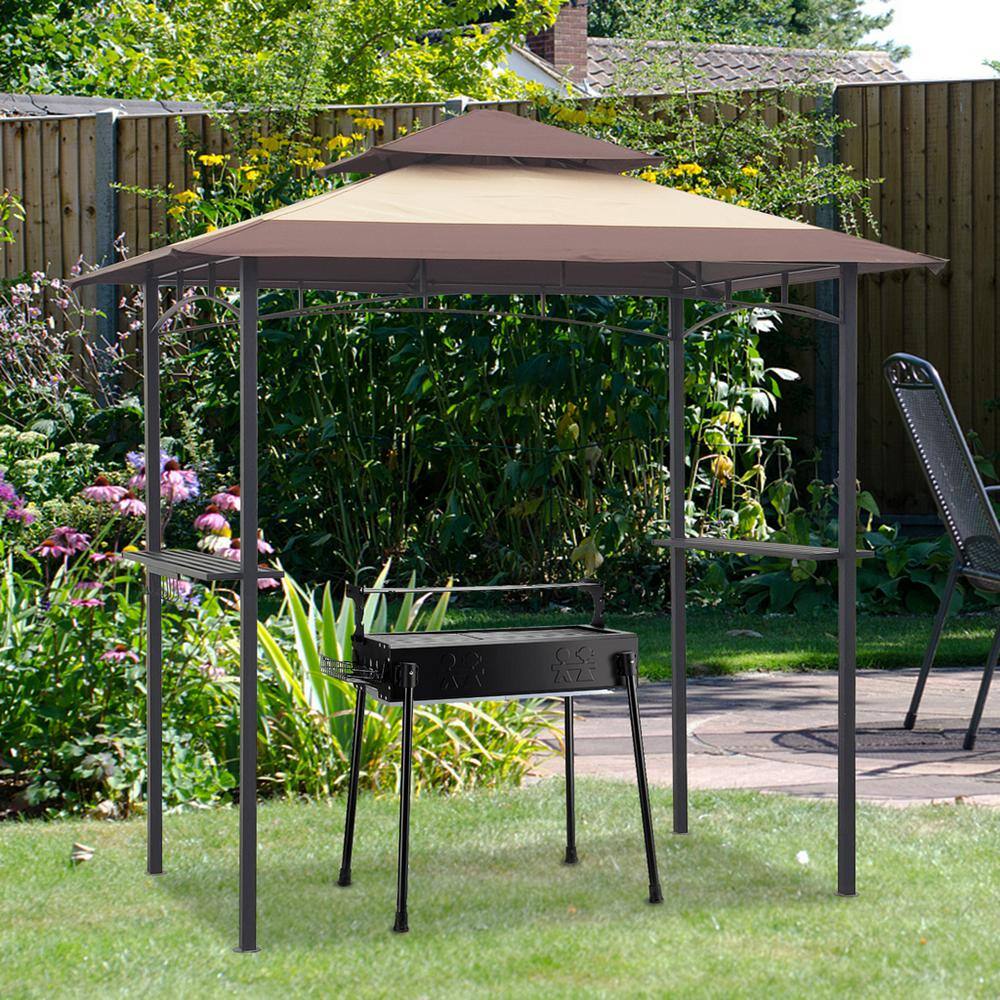 None 8 ft. x 5 ft. Brown Shelter Tent, Double Tier Soft Top Canopy and Steel Frame with Hook and Bar Counters