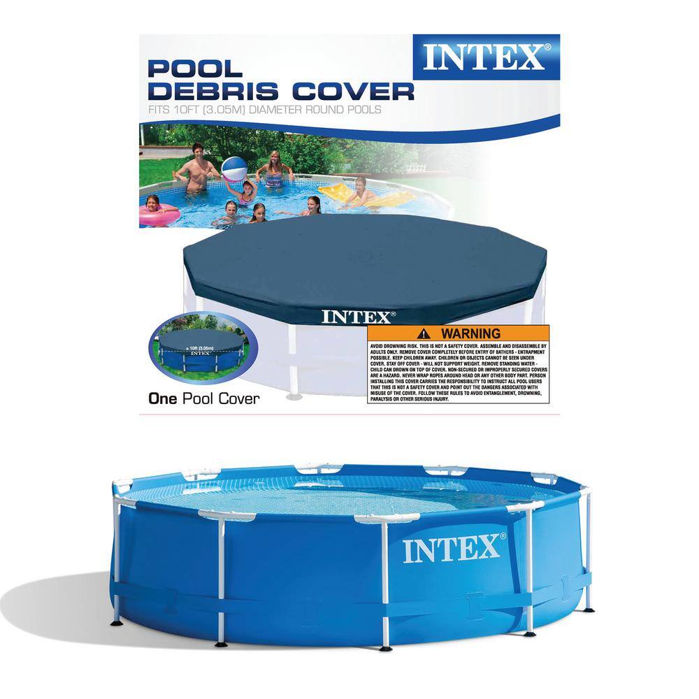INTEX 10 ft. Round Metal Frame Above Ground Swimming Pool with Swimming Pool Cover, 1718 Gallons Capacity