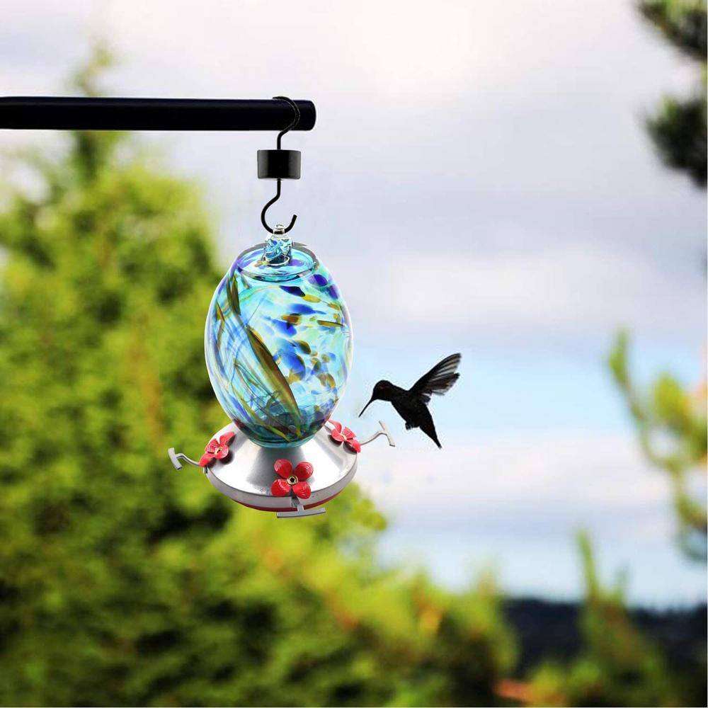 None 25 oz. Capacity Hand Blown Glass Garden Hummingbird Bird Feeder with Perch