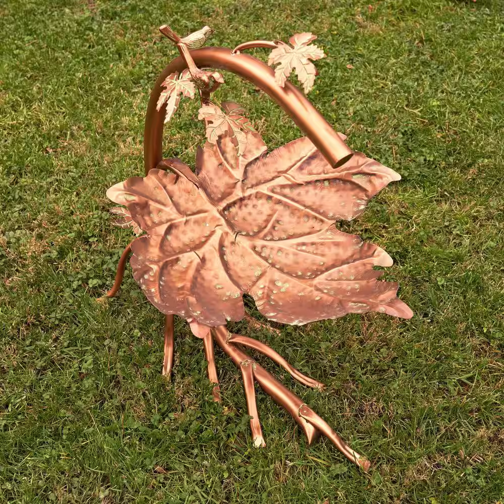 Zaer Ltd. International 29 in. Tall Maple Leaf Birdbath with Birds in Antique Copper
