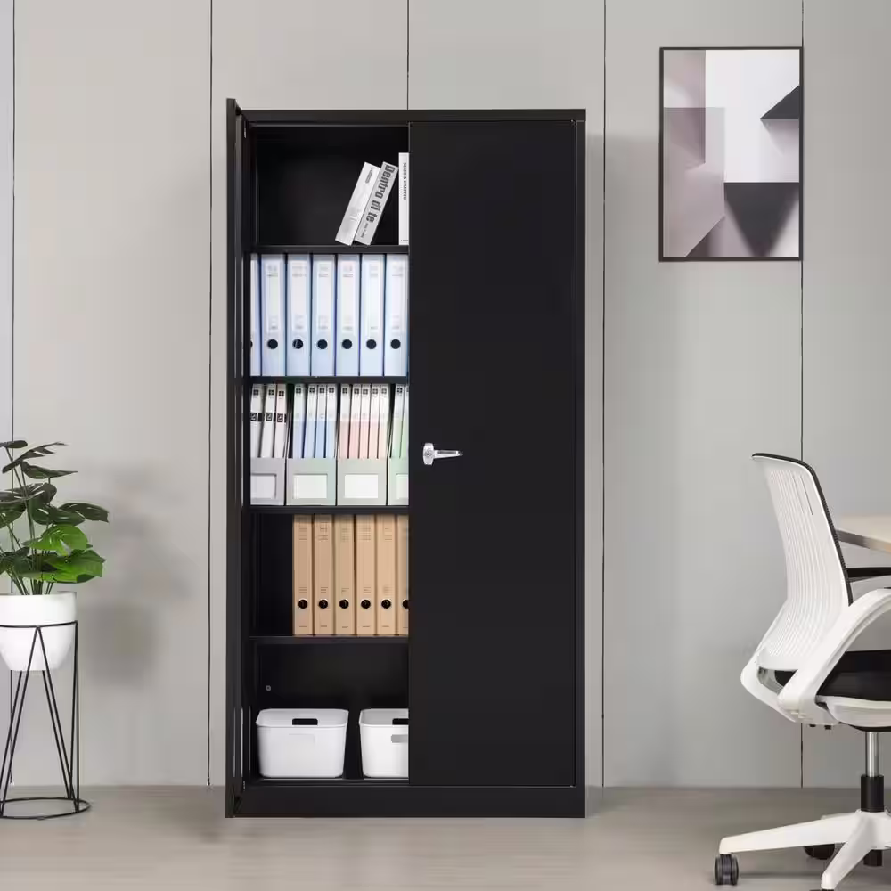 None 72 in. H Black Steel Storage Cabinet with 2-Doors and 4-Adjustable Shelves Lockable Tall Cabinet