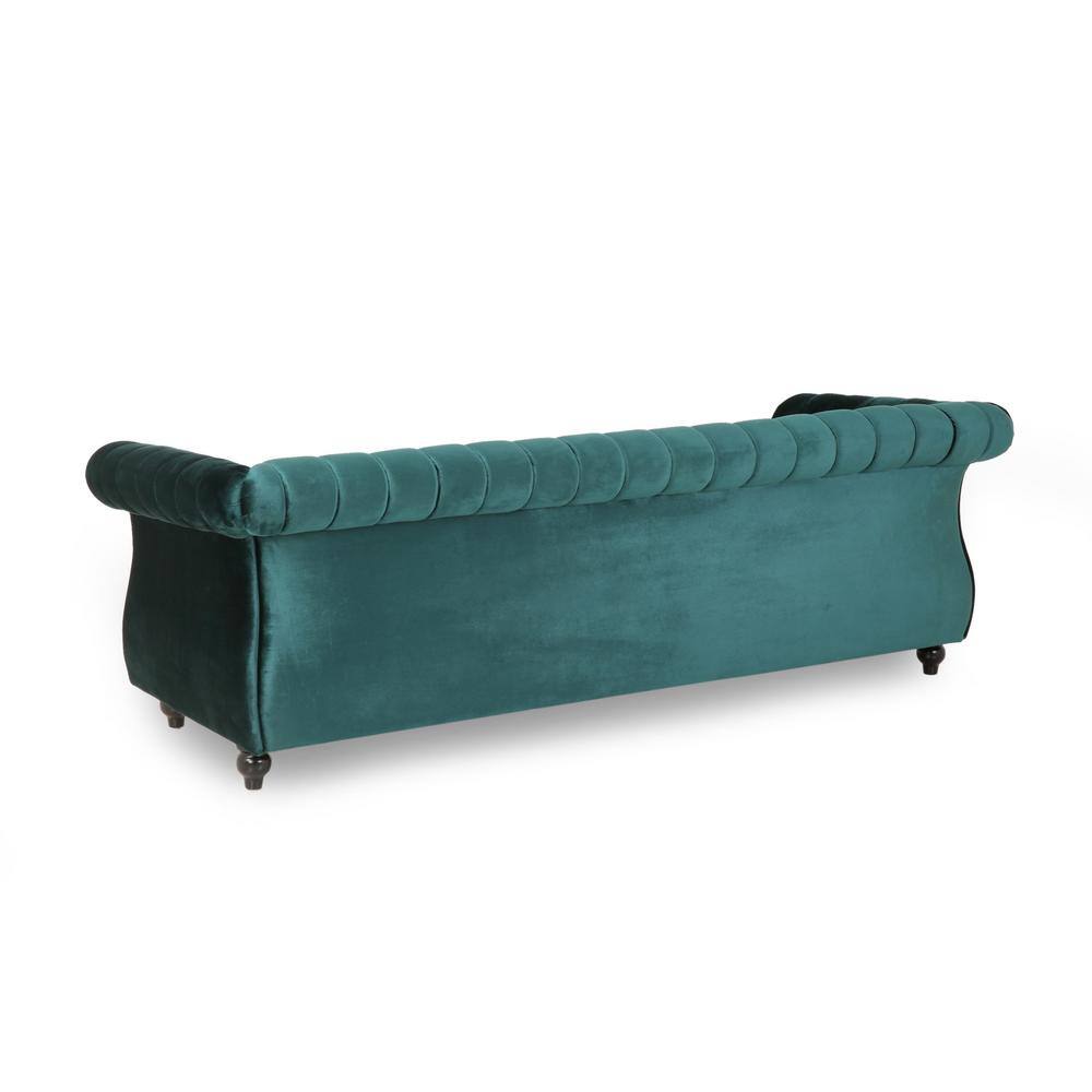 Noble House Bowie 84 in. Teal Solid Velvet 3-Seat Chesterfield Sofa with Nailhead