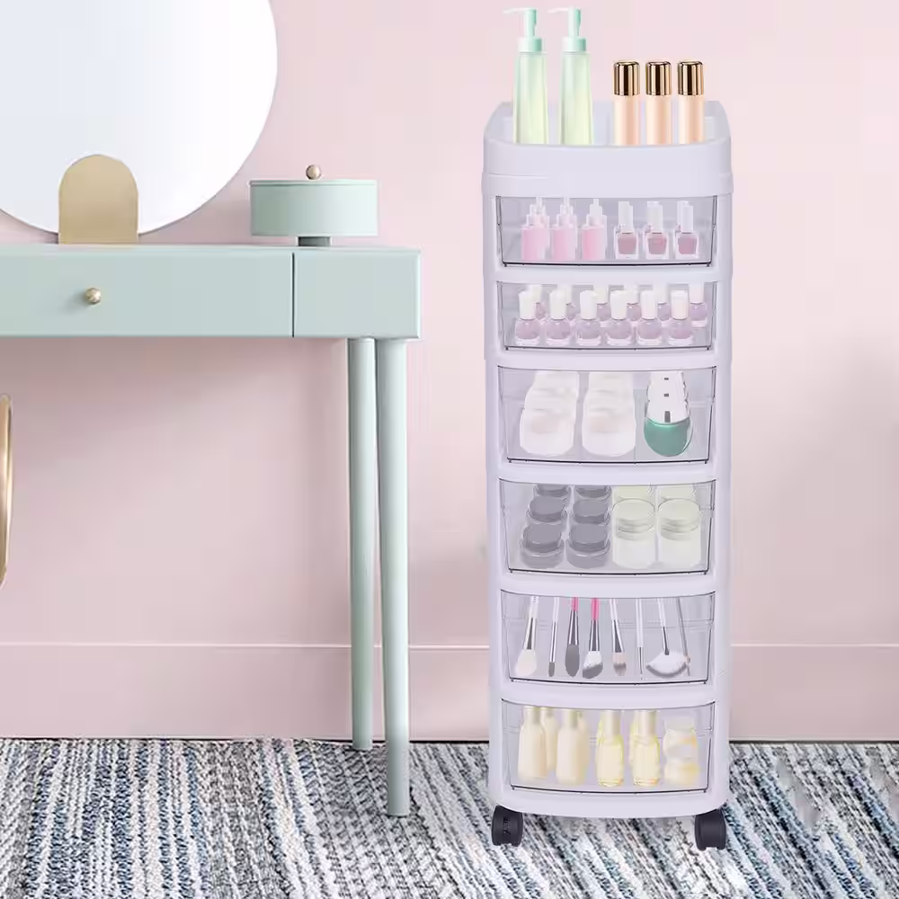 None 6-Tier Plastic 4-Wheeled Rolling Storage Cart with 6 Drawers Containers Bins in White