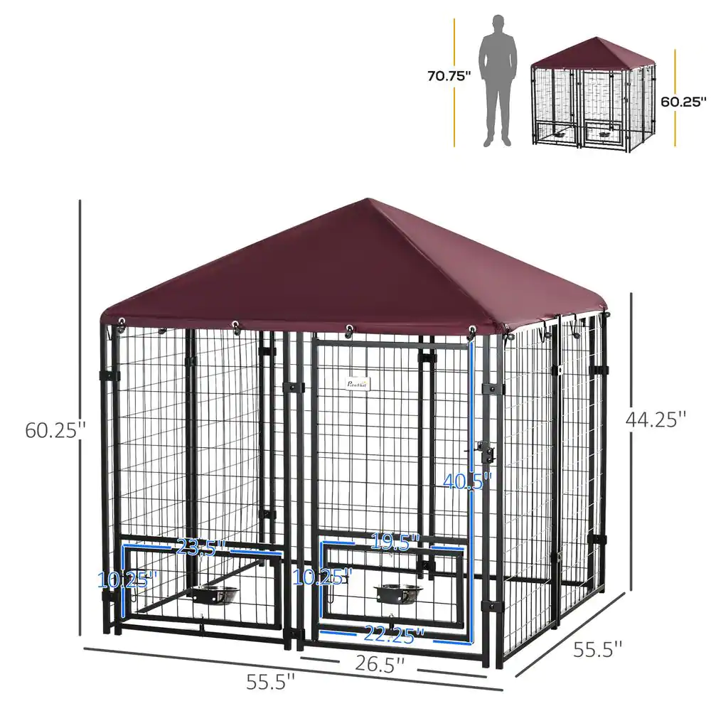 PawHut 0.0005-Acre Black Steel In-Ground Dog Fence Dog Kennel House with Canopy and 2-Bowls