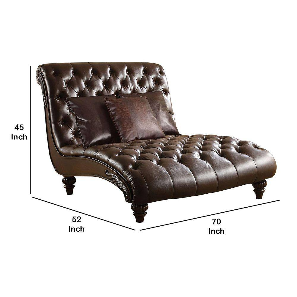 Benjara Brown Leather Upholstered Chaise with 3-Pillows