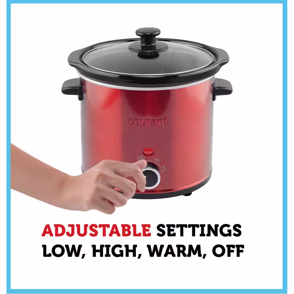 Courant 3.2 qt. Crock Slow Cooker, Dishwasher Safe, Stainproof Pot and Glass Lid Red Stainless Steel