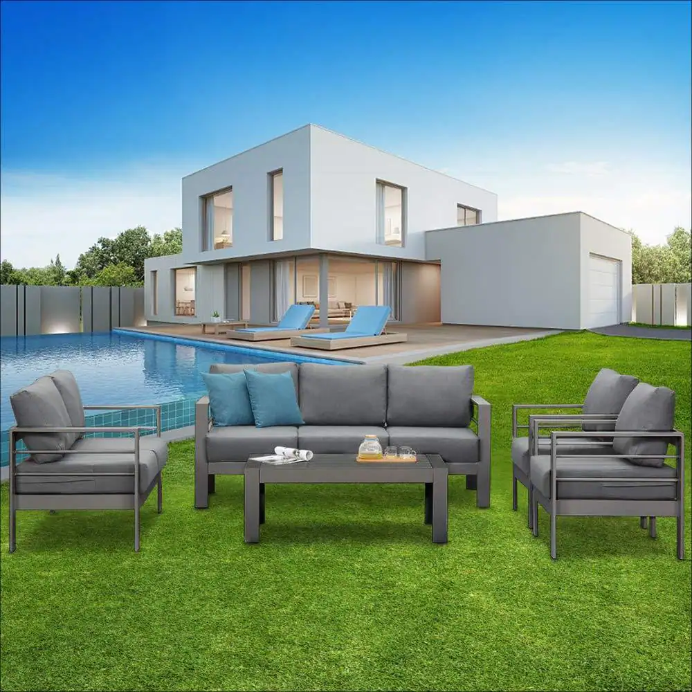 SUNVIVI Grey 5-Piece Aluminum Patio Conversation Set with Dark Grey Cushions