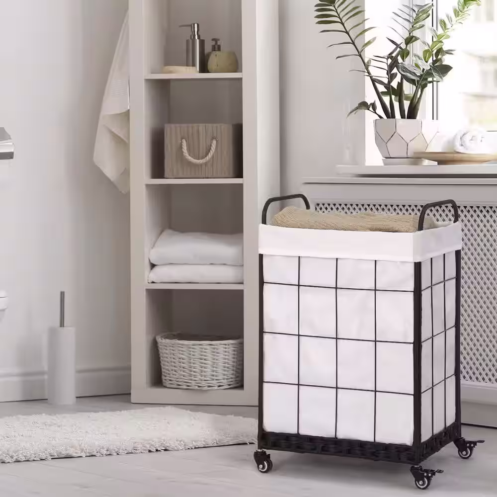 None 19 in. W x 14 in. D x 29 in. H Fabric Laundry Basket Hamper with Rolling Wheels White