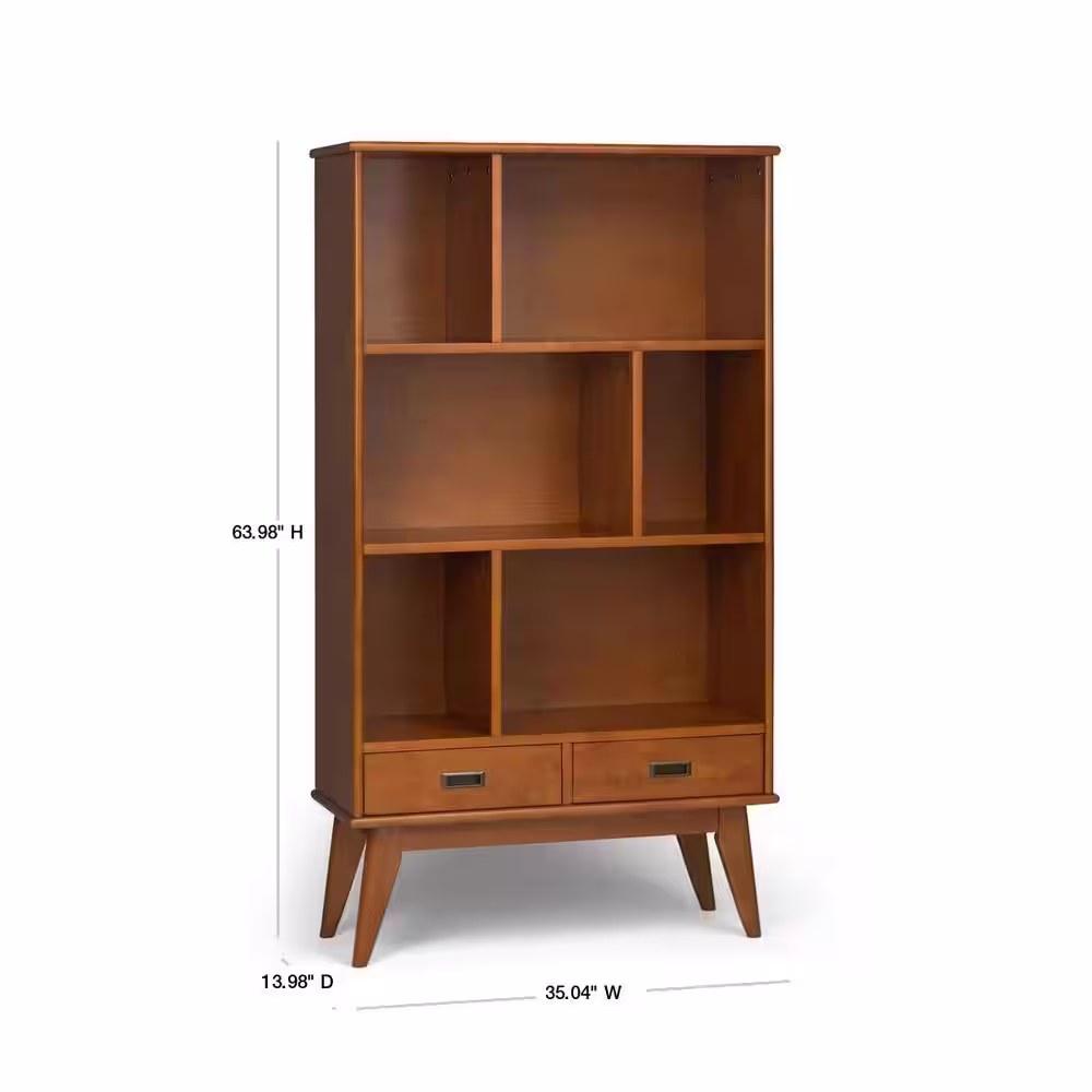 Simpli Home Draper Solid Hardwood 64 in. x 35 in. Mid-Century Modern Wide Bookcase and Storage Unit in Teak Brown