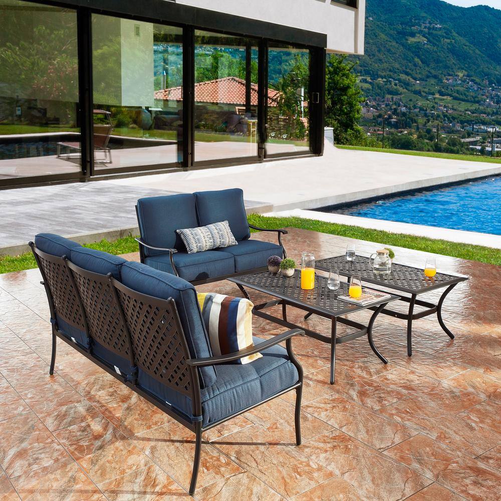 Patio Festival 4-Piece Metal Patio Conversation Set with Blue Cushions