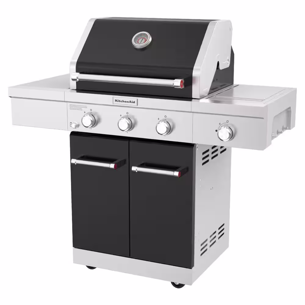KitchenAid 3-Burner Propane Gas Grill with Searing Side Burner and Silver PDC Side Shelves in Black