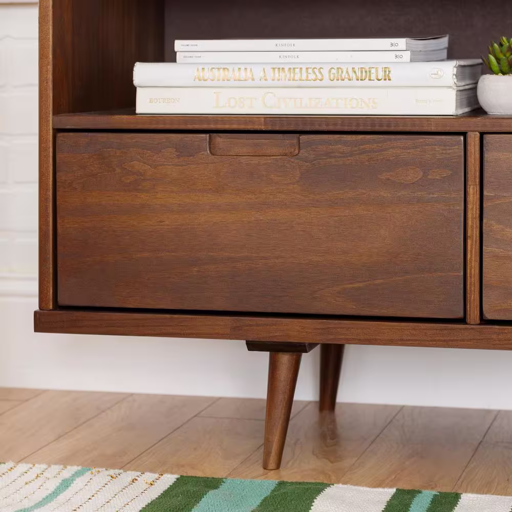 Walker Edison Furniture Company Ivy 58 in. Walnut Wood TV Stand with 3 Drawers Fits TVs Up to 64 in. with Cable Management