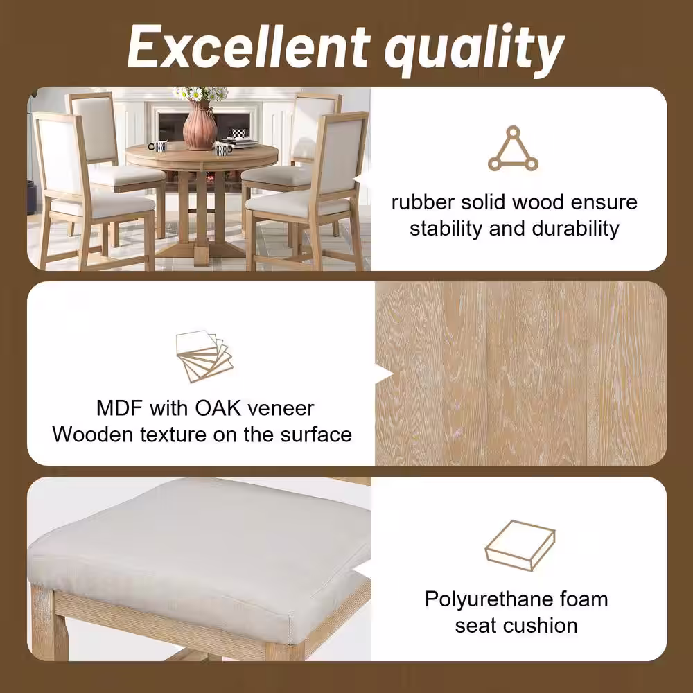 Harper & Bright Designs Farmhouse 5-Piece Natural Wood Wash Wood Top Extendable Round Dining Table Set with 4-Upholstered Chairs