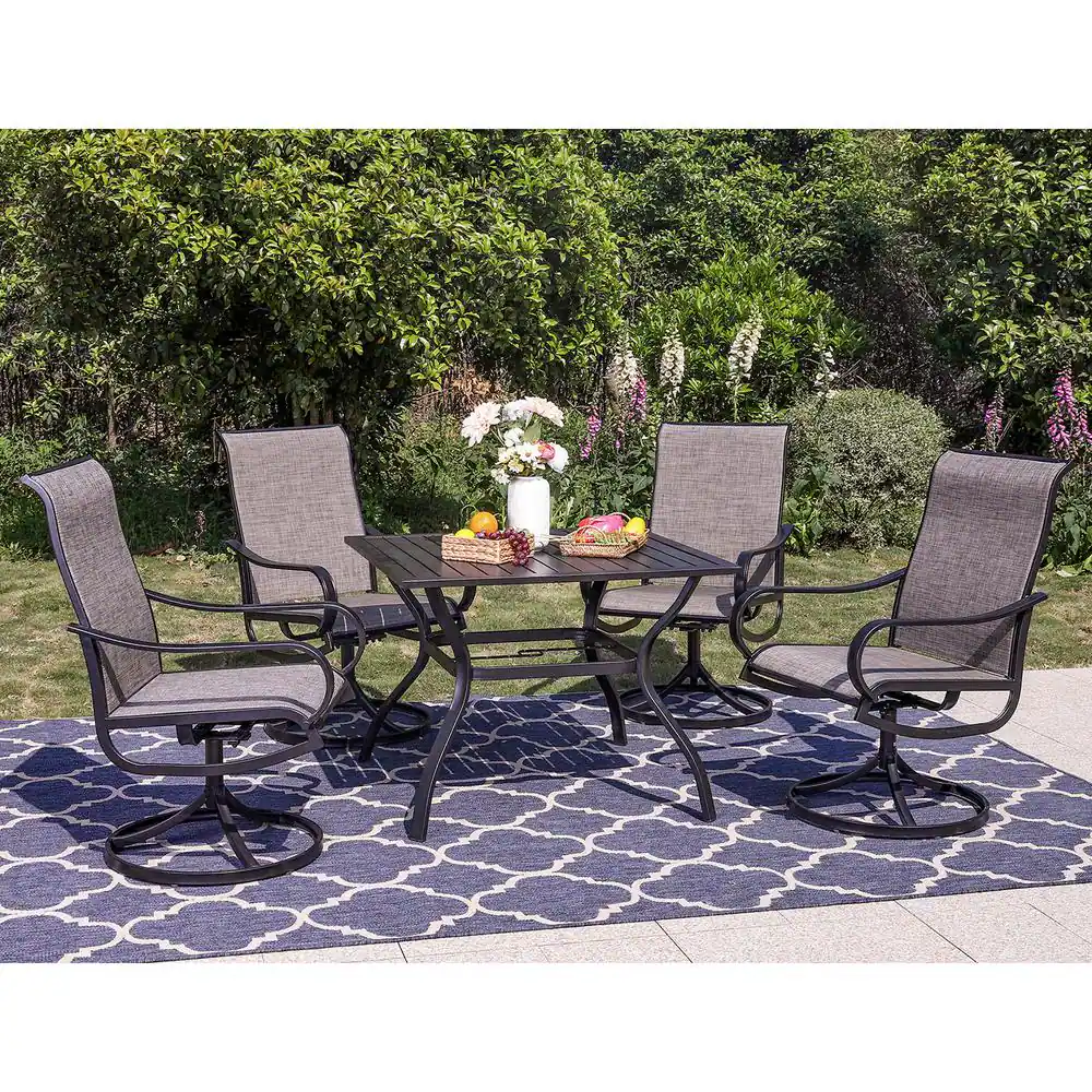None Black 5-Piece Metal Square Patio Outdoor Dining Set with Slat Table and Textilene Swivel Chairs