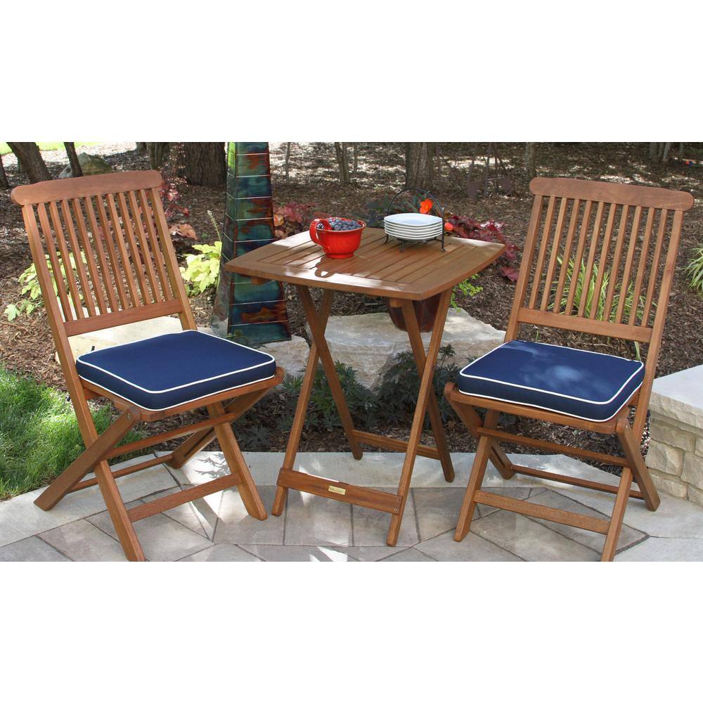 Outdoor Interiors 3-Piece Eucalyptus Outdoor Bistro Set with Blue Cushions