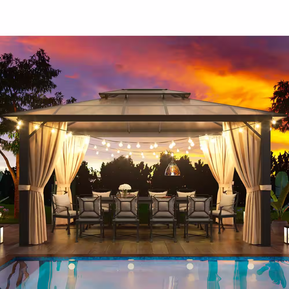 None 10 ft. x 13 ft. Hardtop Outdoor Double Roof Furniture Gazebo with Netting&Curtains for Backyard Wedding Garden