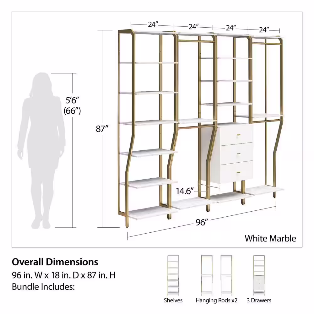 CosmoLiving by Cosmopolitan Gwyneth 96 in. W Wall Mount Adjustable Wood Closet System 4 Piece Bundle -2 Hanging Rod, 1 Shelf, 1 Drawer Unit, White