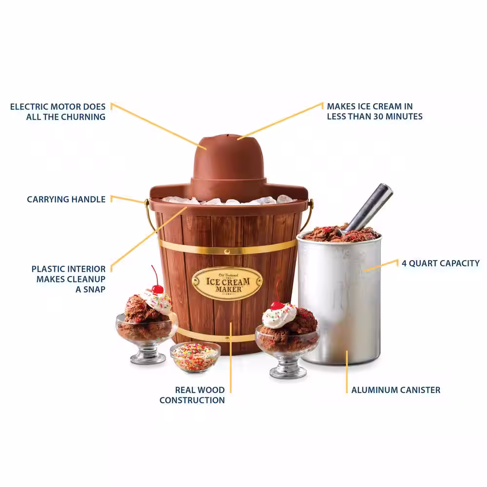 Nostalgia 4 qt. Brown Dark Wood Bucket Ice Cream Maker