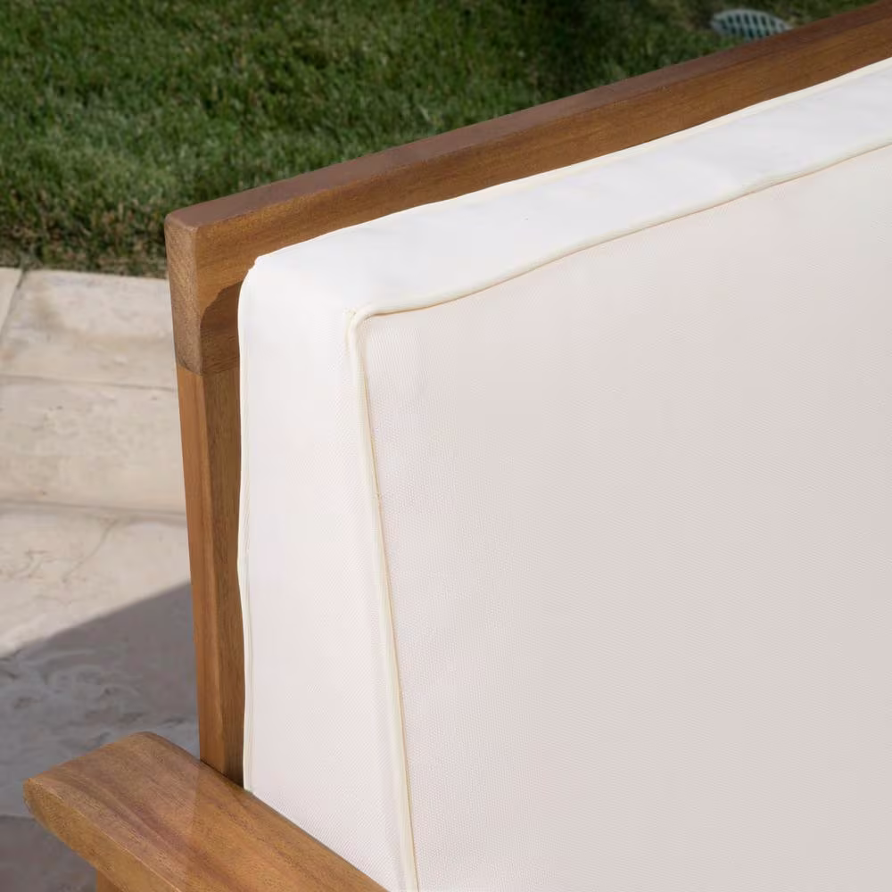 Noble House Perla Teak Brown 3-Piece Wood Patio Conversation Seating Set with Cream Cushions