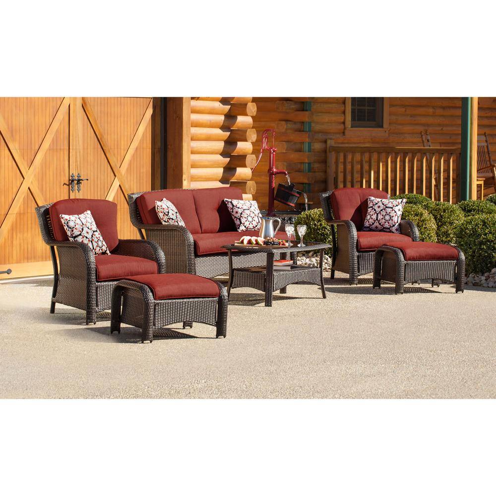 Hanover Strathmere 6-Piece All-Weather Wicker Patio Seating Set with Crimson Red Cushions, 4 Pillows, Coffee Table