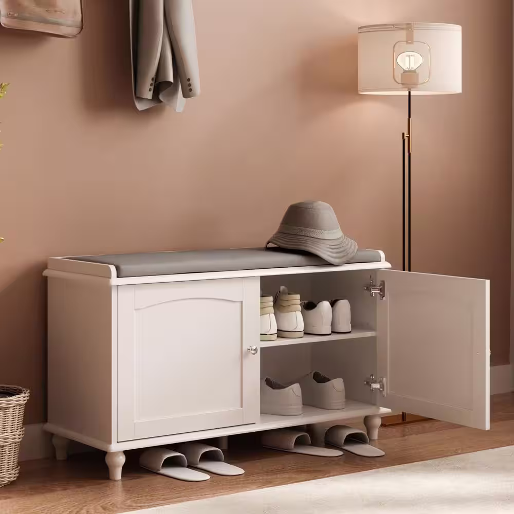 None 20.8in. Hx35.8in. W, 8-Pair White Wooden Shoes Storage Bench, Shoes Cabinet with Adjustable Shelves