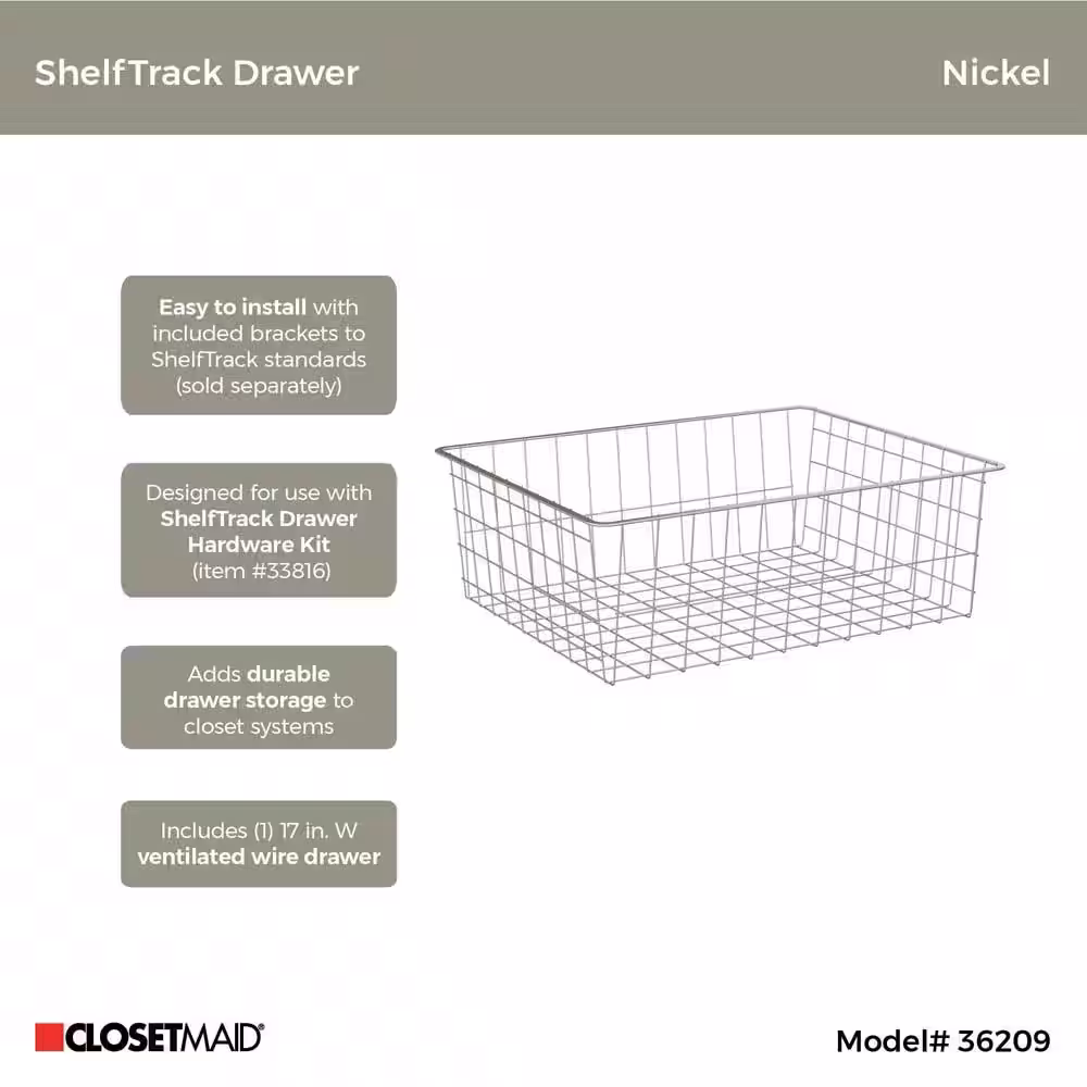 ClosetMaid 7.5 in. H x 17 in. W Nickel Steel 1-Drawer Wide Mesh Wire Basket