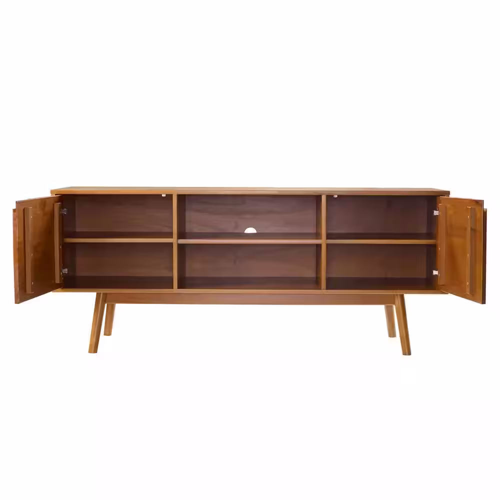 Welwick Designs 58 in. Caramel Solid Wood TV Stand Fits TVs up to 65 in. with Cutout Cabinet Handles