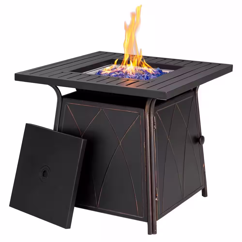 None 28.3 in. x 24.8 in. 50,000 BTU Square Metal Gas Fire Pit Table with Lid and Blue Fire Glass