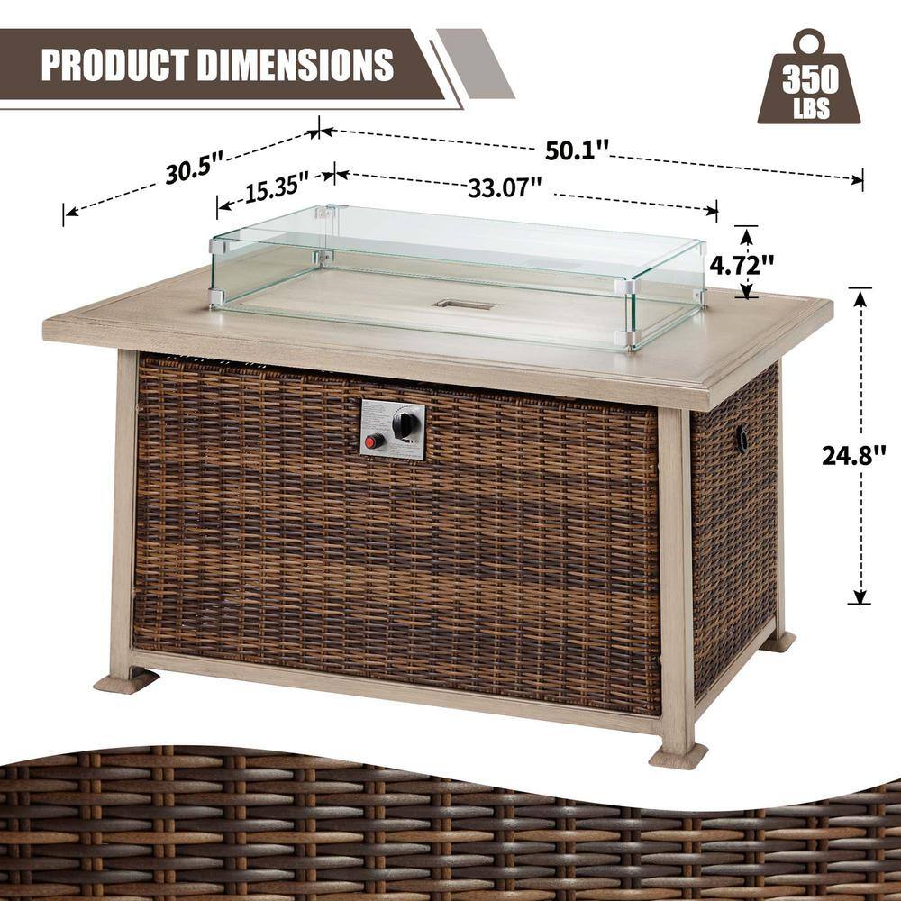 None Brown 50 in. Propane Wicker Outdoor Fire Pit Table Fire Table with Glass Wind Guard