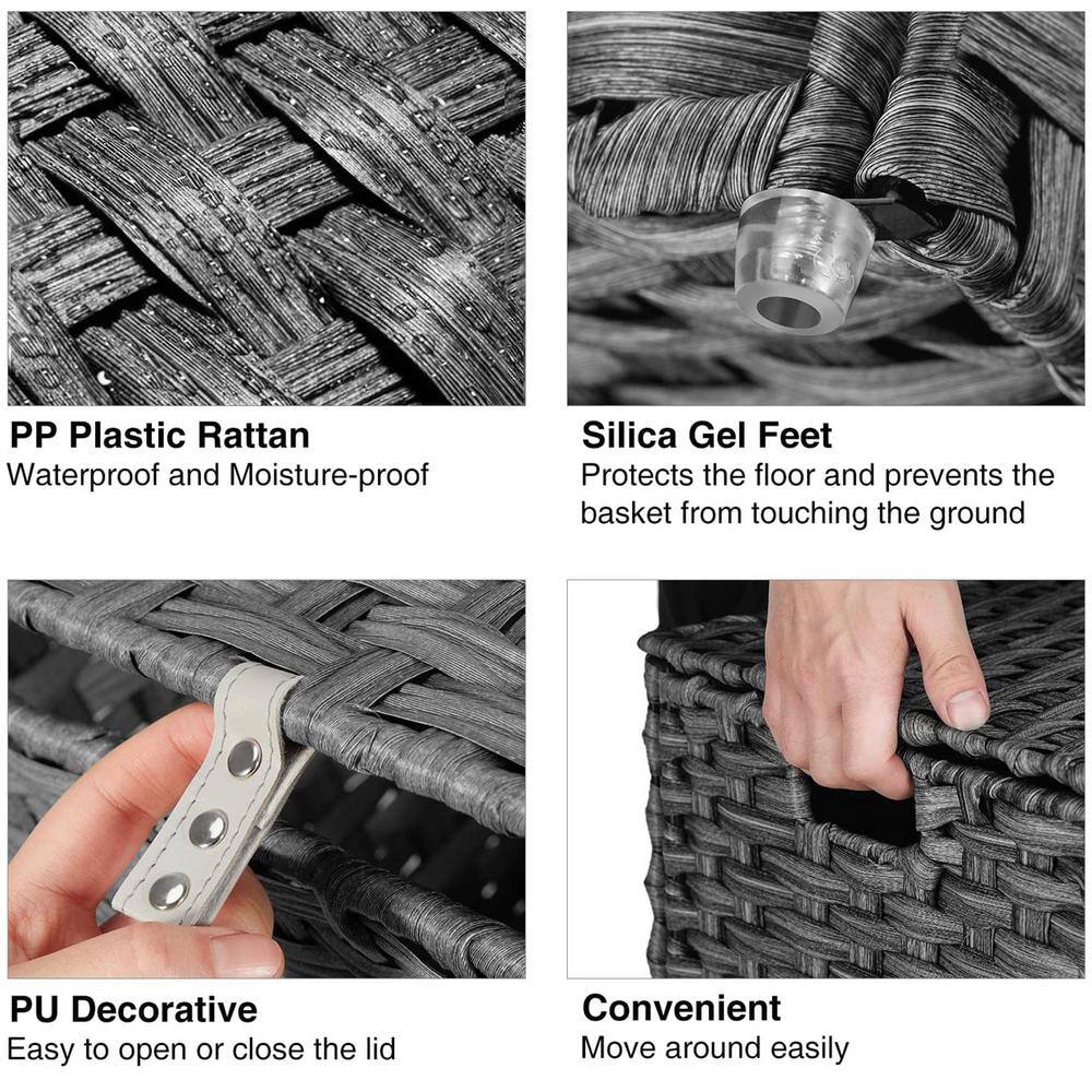 None 90L Rattan Laundry Basket Hamper with 2 Removable Liner Bags Gray