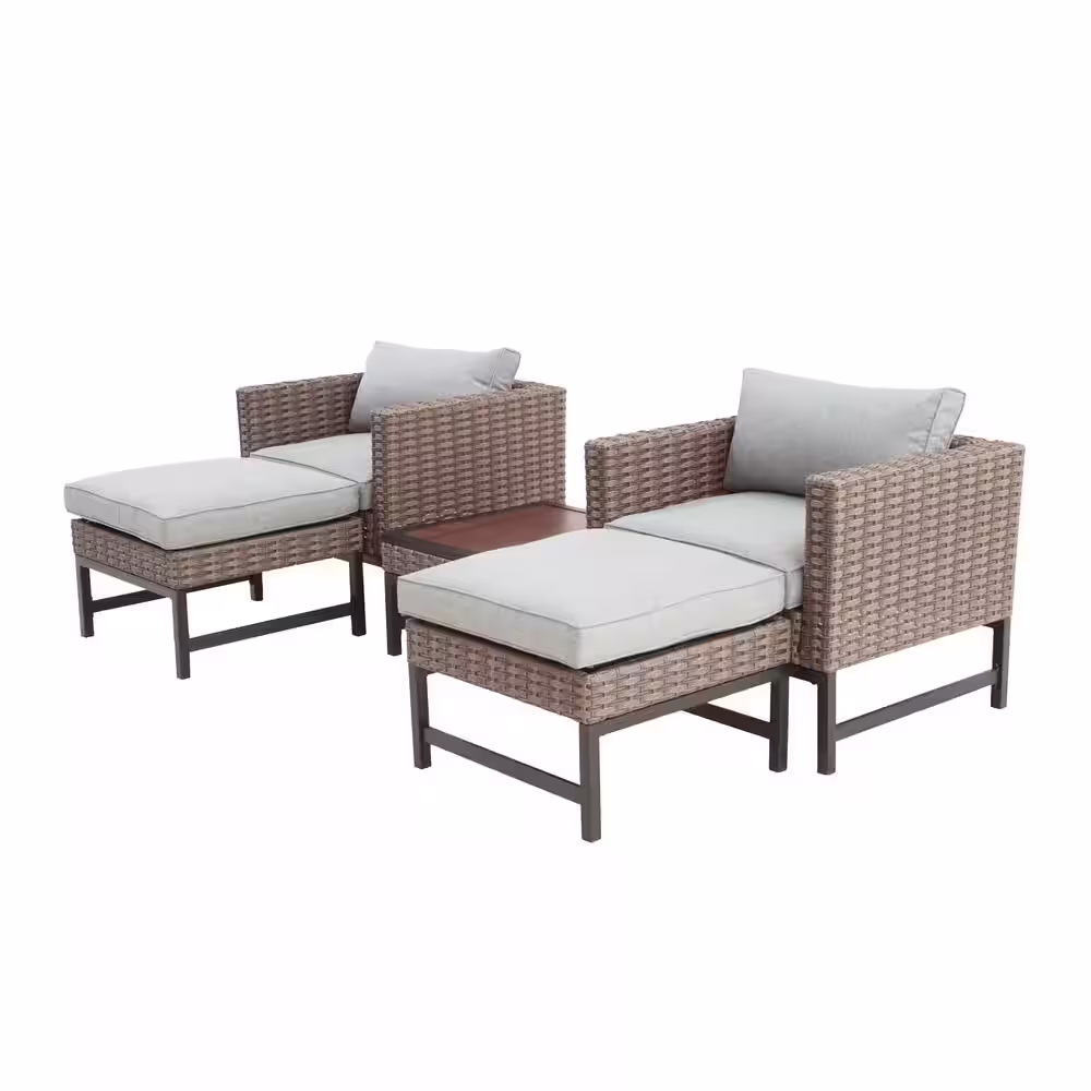 Patio Festival Right-Angle 5-Piece Wicker Patio Conversation Seating Set with Gray Cushions