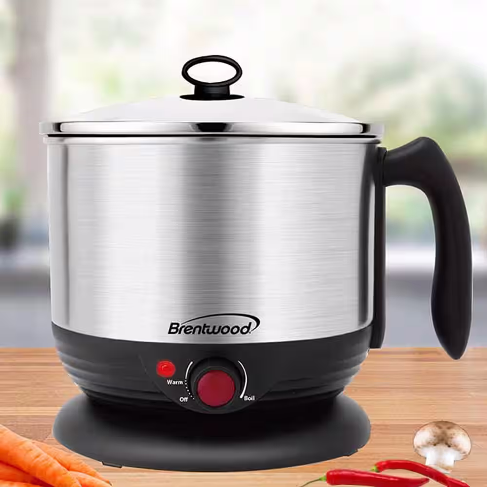 Brentwood Stainless Steel 1.3 qt. Cordless Electric Hot Pot Slow Cooker and Food Steamer in Black