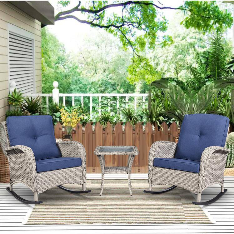 Gymojoy Carlos Grey 3-Piece Wicker Patio Conversation Set with Blue Cushions