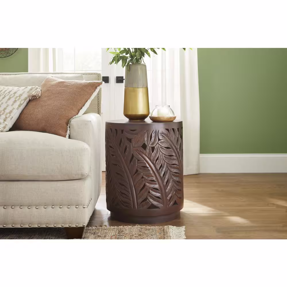 Home Decorators Collection Palmeadow 20 in. Round Carved Walnut Brown Wood Accent Table
