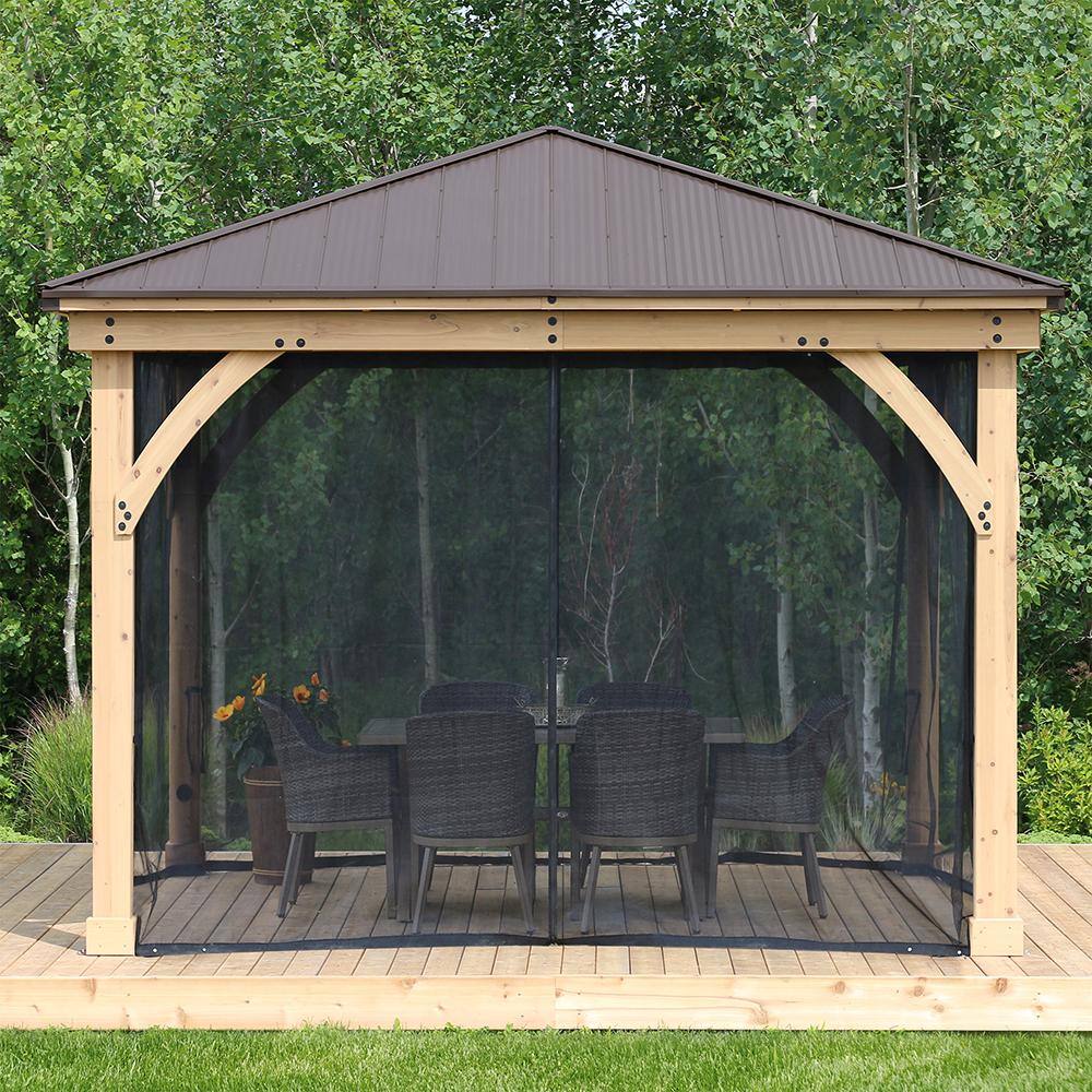 Yardistry Meridian 12 ft. x 12 ft. Premium Cedar Shade Gazebo with Coffee Brown Aluminum Roof and UV resistant Phifer Mesh Kit