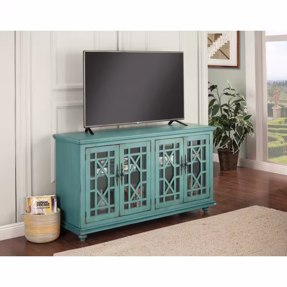 Martin Svensson Home Elegant Teal Glass TV Stand Fits TVs Up to 65 in. with Cable Management
