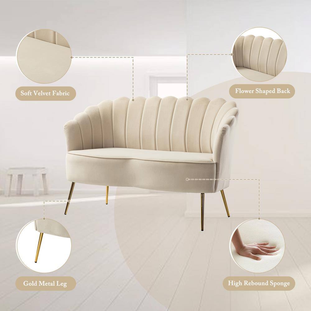 JAYDEN CREATION Yeran Velvet 52 in. Tan 2-Seats Loveseat with Flower Shaped Back Design