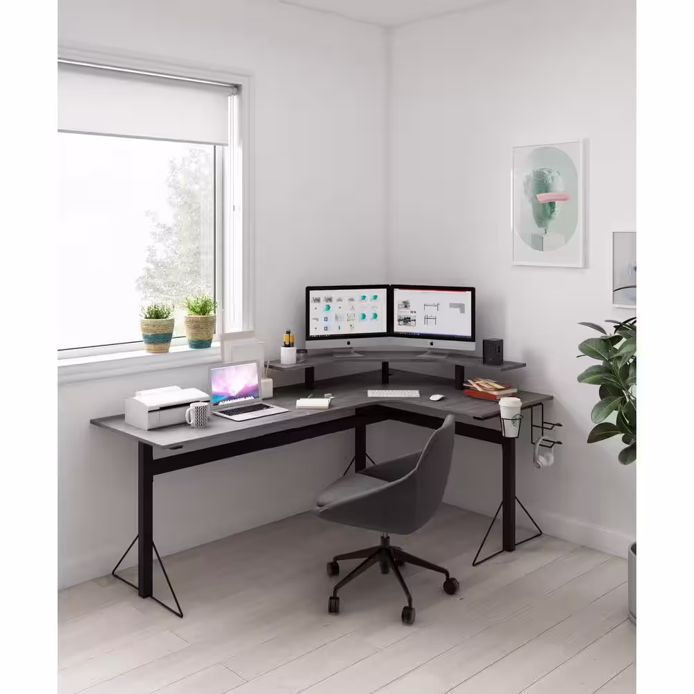 Jamesdar 78 in. L-Shaped Gray/Black Computer Gaming Desk with Shelf