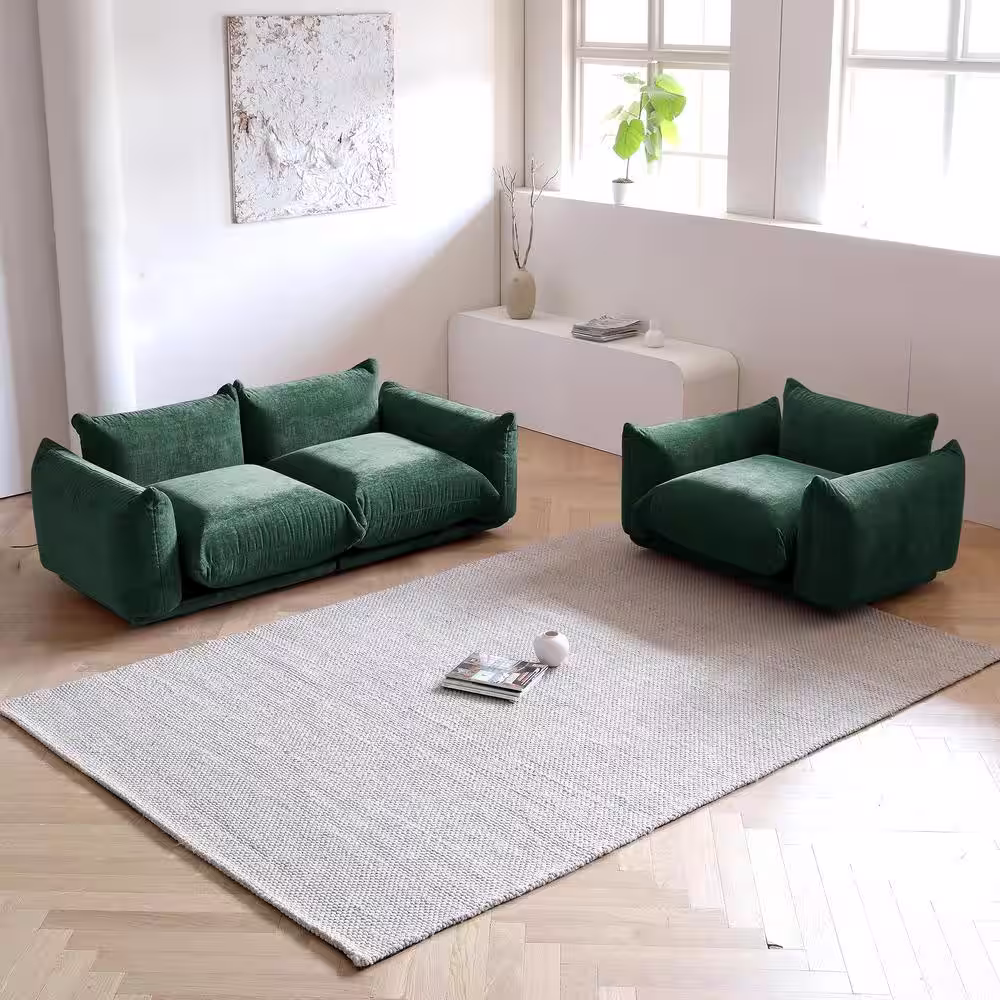 None 2-Pieces Flared Arm Wide Square Shape Chenille Top Green Sofa Couch Living Room Set (1-Seat Plus 2-Seats)