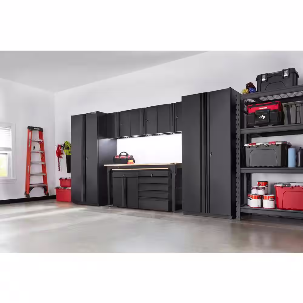 Husky 8-Piece Heavy Duty Welded Steel Garage Storage System in Black (156 in. W x 81 in. H x 24 in. D)