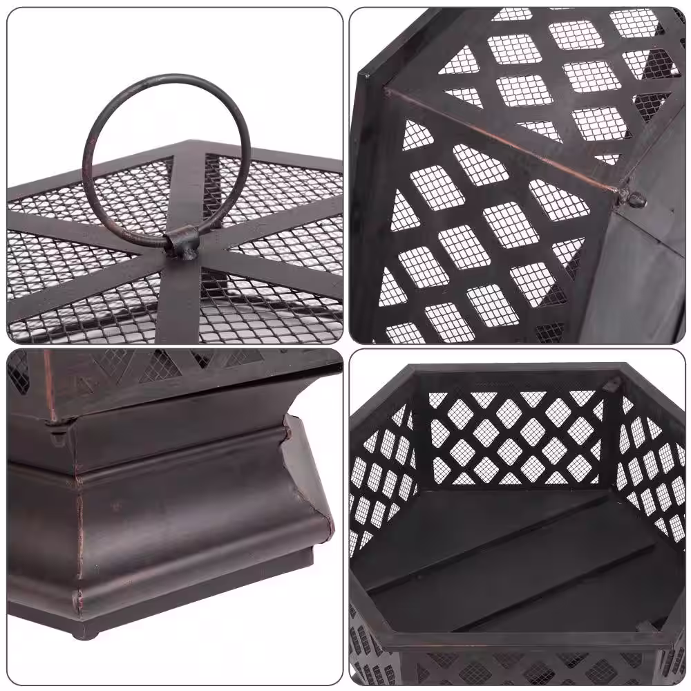 None 22 in. W x 22.4 in. H Hexagonal Metal Wood Burning Fire Pit in Black