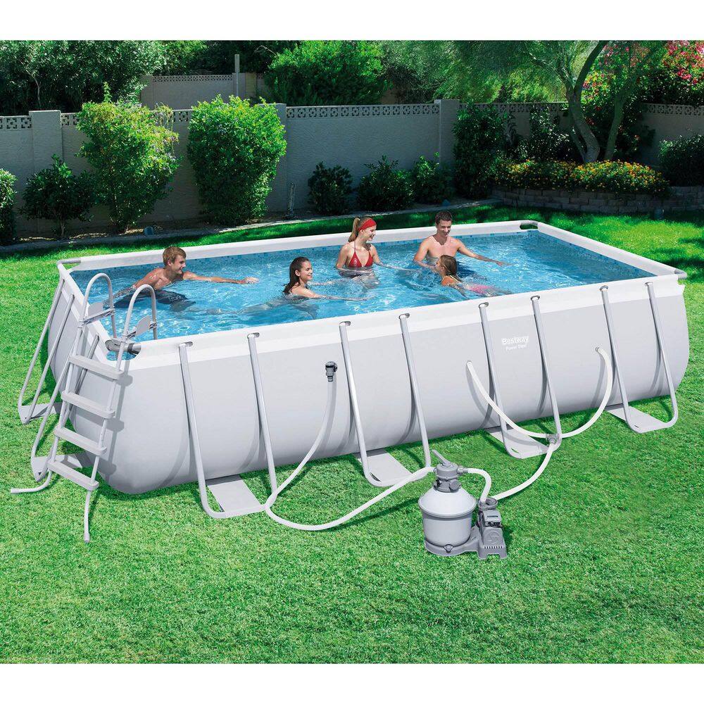 Bestway 18 ft. x 9 ft. x 48 in. Rectangular Frame Above Ground Pool and Cleaning Kit
